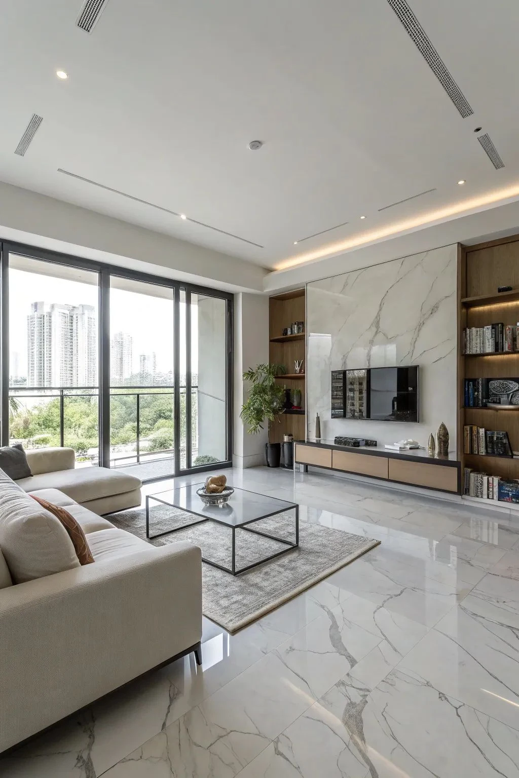 Aplikasi marmer bookmatch mewah pada panel dinding TV private residence